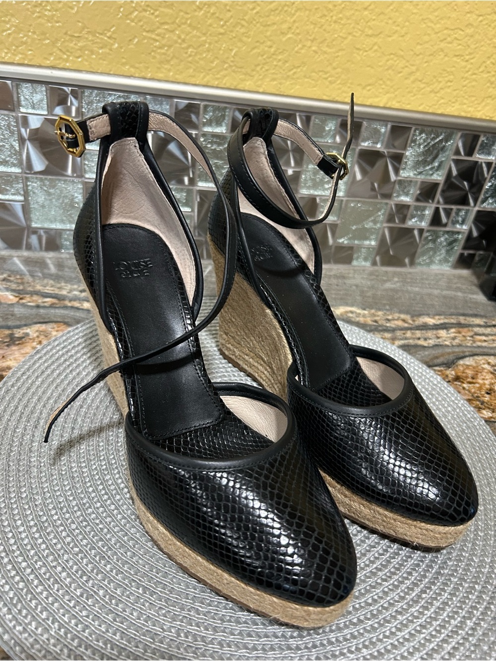Louise etCIE Black Espadrille Wedge Ankle-Strap Pumps